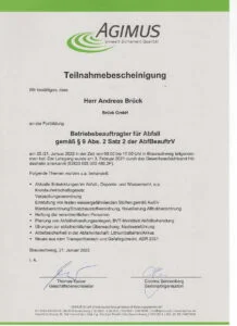 Teilnahmebescheinigung Betriebsbeauftragter für Abfall Brück GmbH